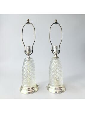1980s Vintage Pair of Leviton 3-Way Cut Glass Crystal Gold Tone Table Lamps 22”